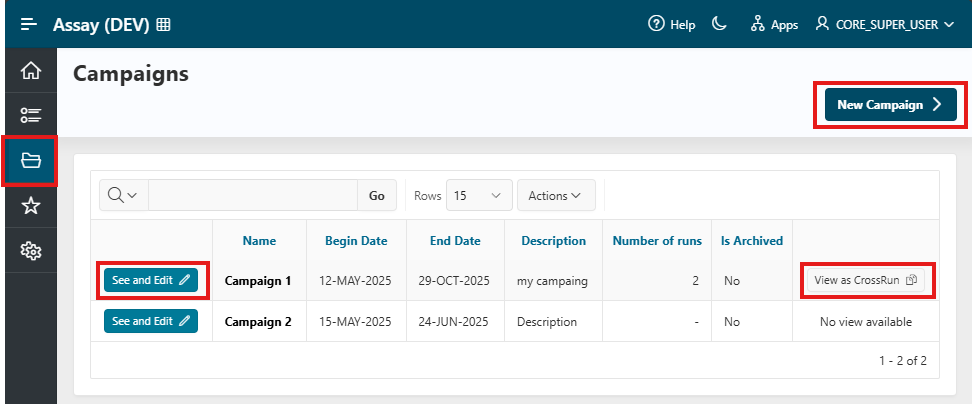 Assay campaigns screenshot Assay campaigns